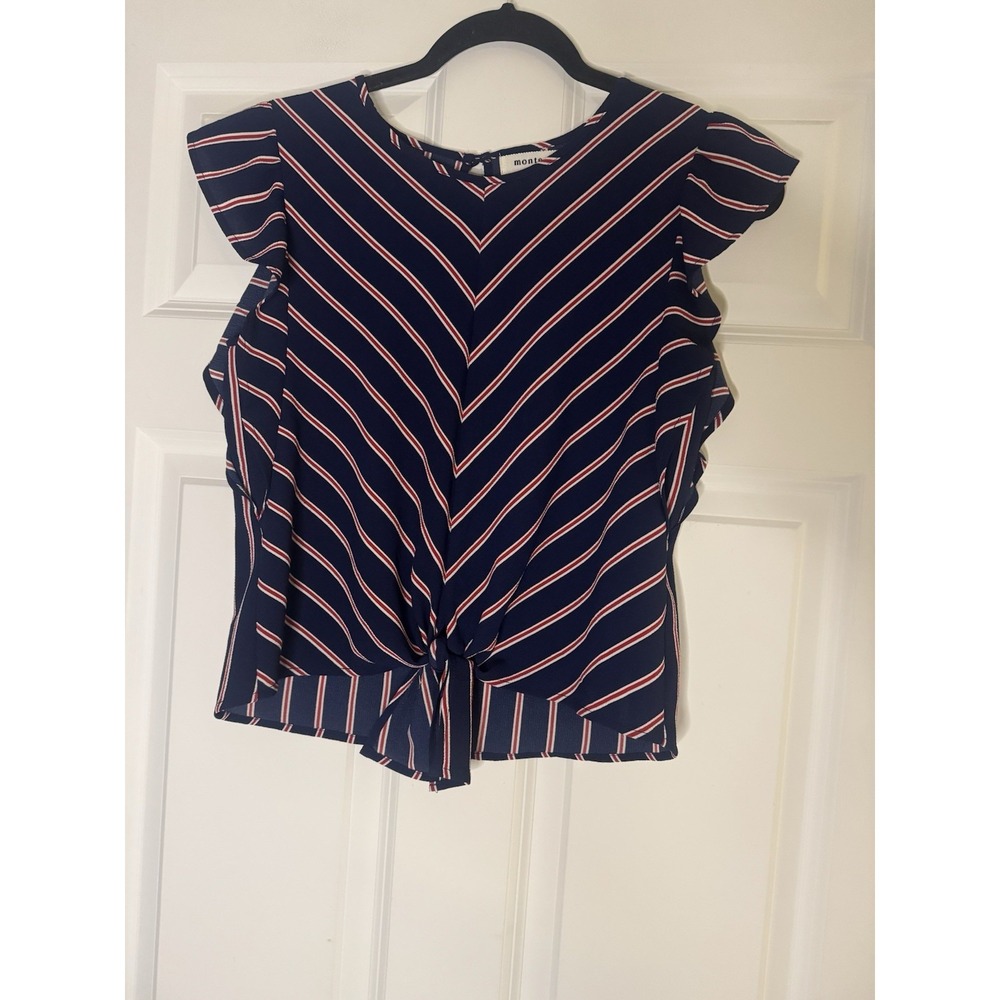 Monteau Los Angeles Short Flutter Sleeve Top Small N Striped Tie Front